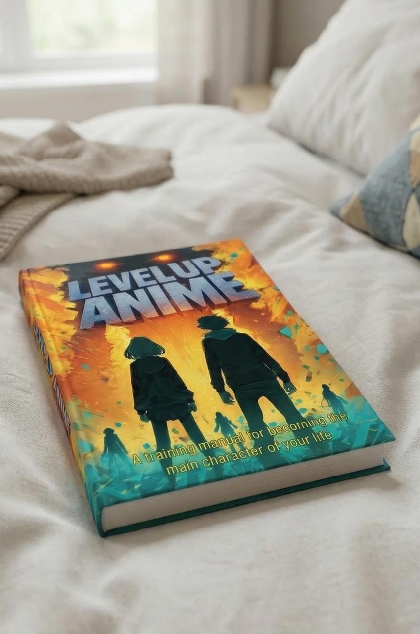 Level Up Anime hardcover on a cozy bed