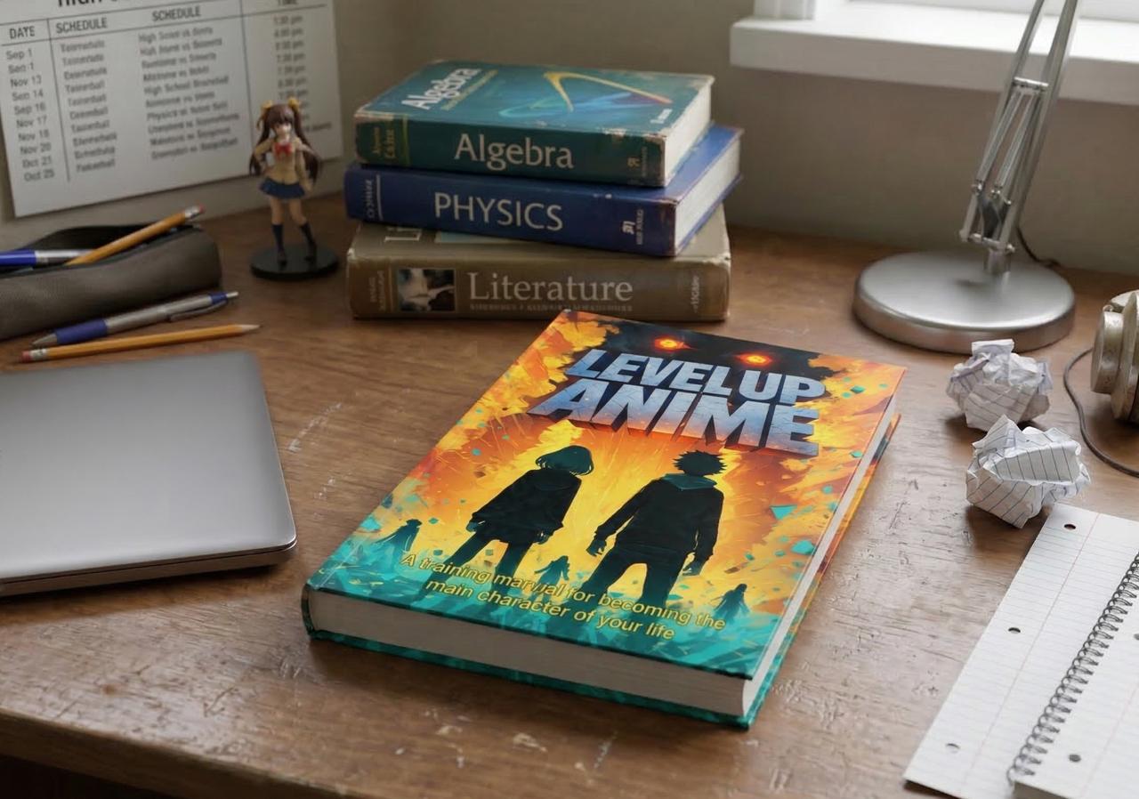 Level Up Anime on a student's desk with textbooks and anime figure