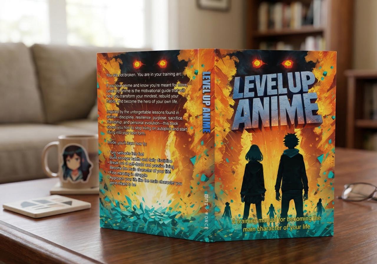 Level Up Anime hardcover front and back cover spread on coffee table